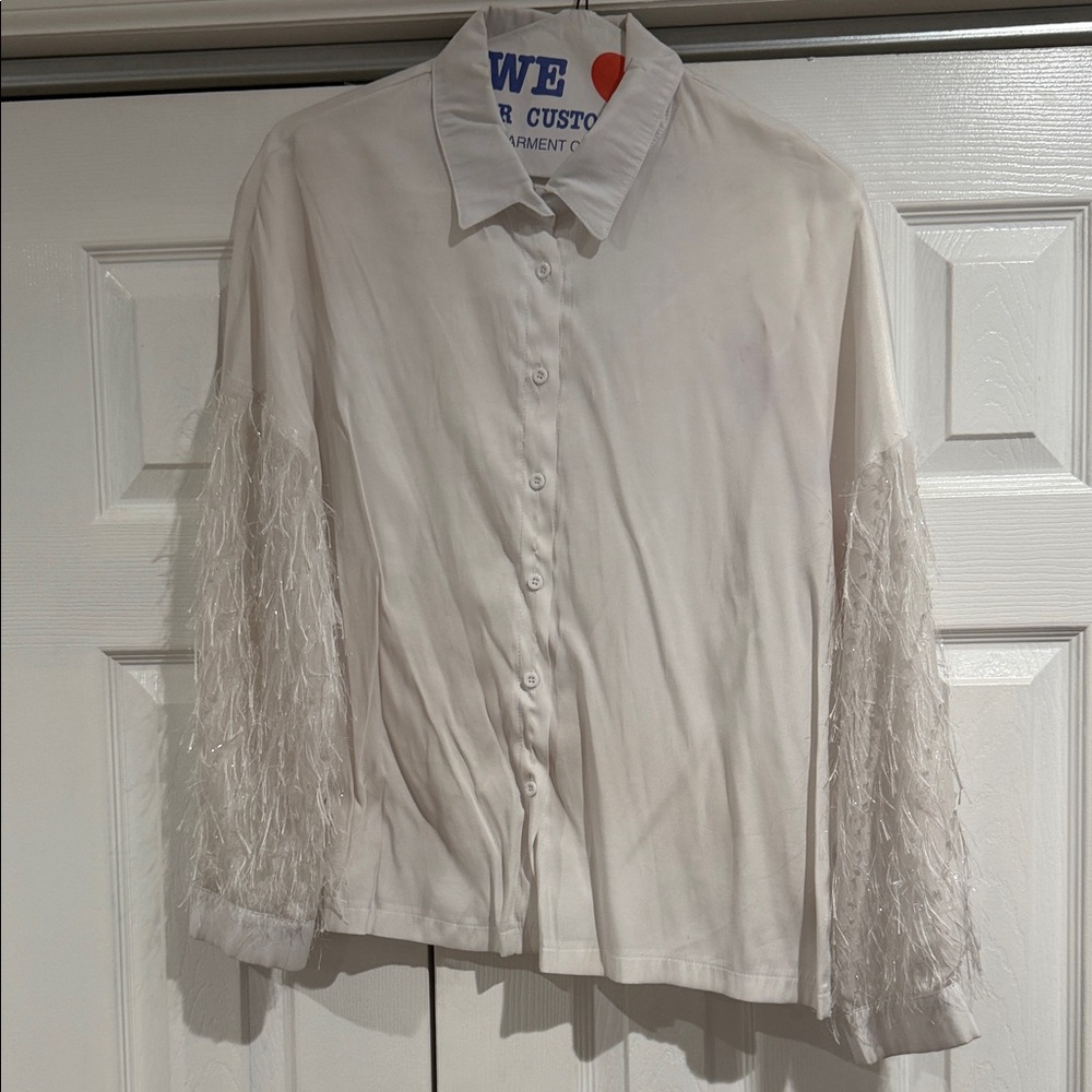 White Button-Up Shirt with Textured Sleeves